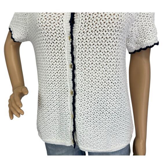 J. Crew Short Sleeve Crochet Cardigan Sweater Ivory Navy CJ215 Size M - Picture 9 of 13